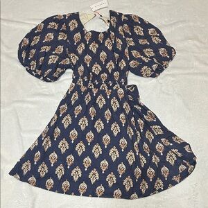 NWT - Zingara Ikat Print Puff Sleeve Mini Dress – Blue/Tan - Size L